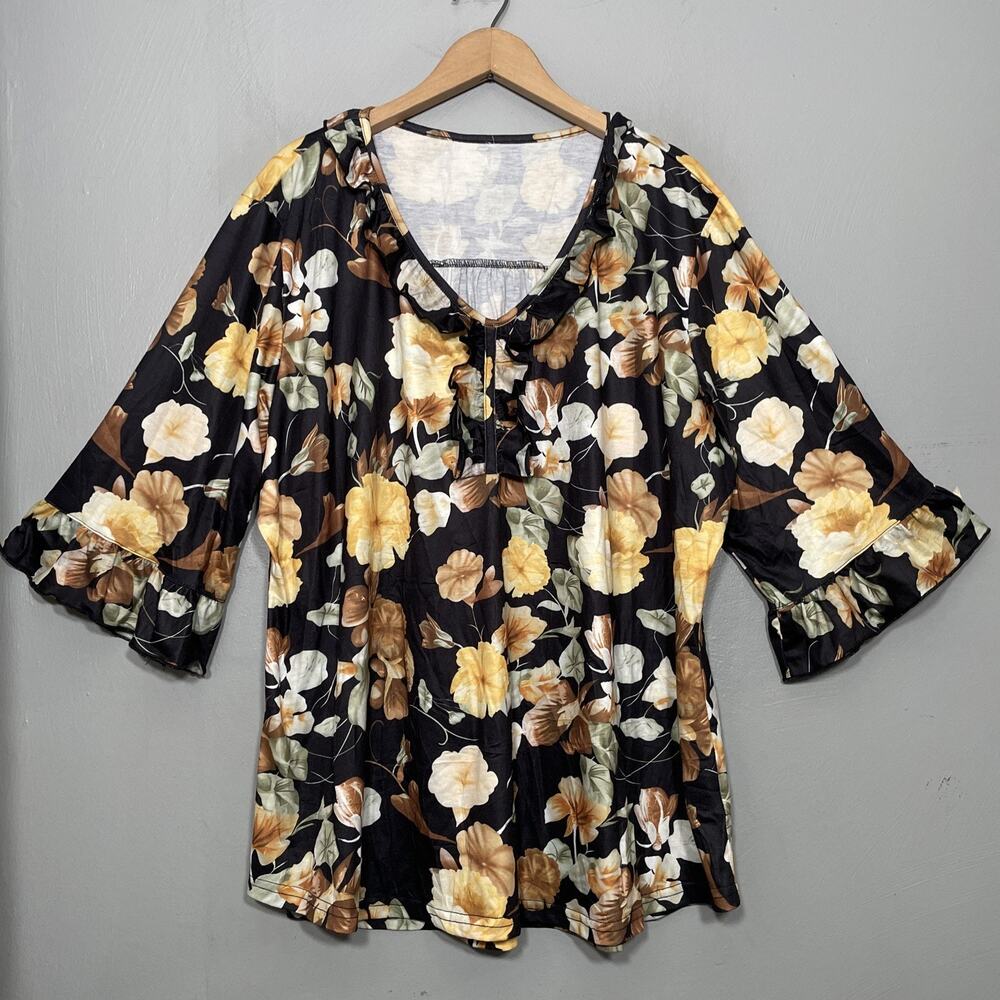 Easy Care Ruffled Stretch Top Plus Size 3XL Black Floral Travel Country Romantic